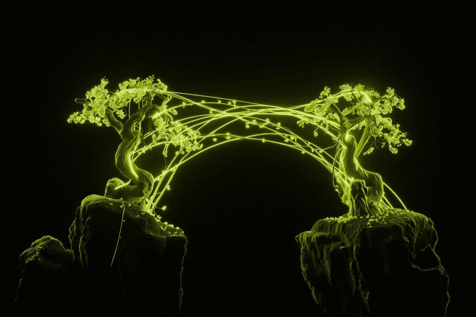 Two trees connected by glowing arcs